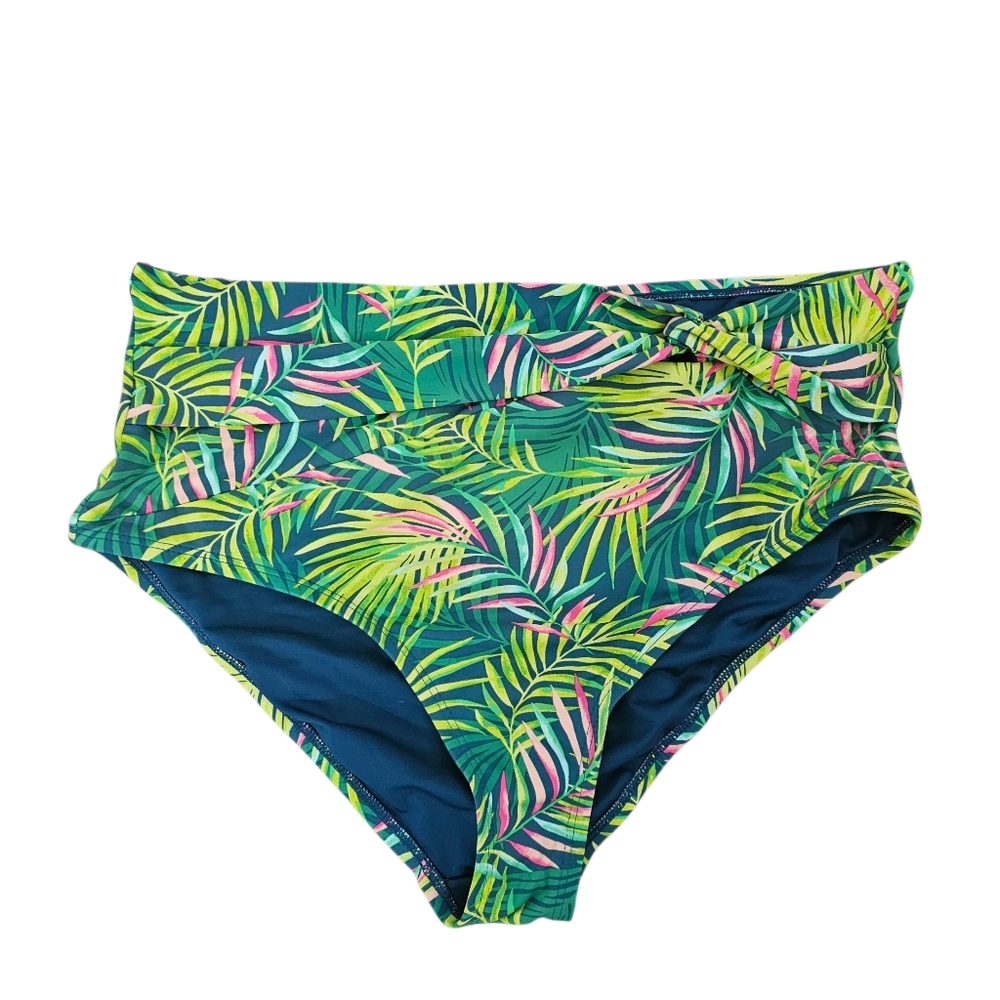 Lands End High Waisted Bikini Swim Bottoms Size 14 Twist Front Green Tropical